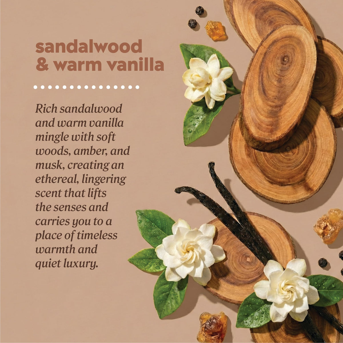 Onyx Sandalwood Vanilla fragrance note adds warm, inviting aroma