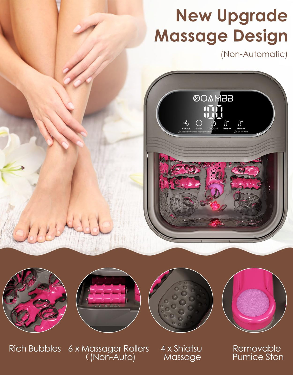 OOAMBB foot spa includes a handle and stability rod for safe use.
