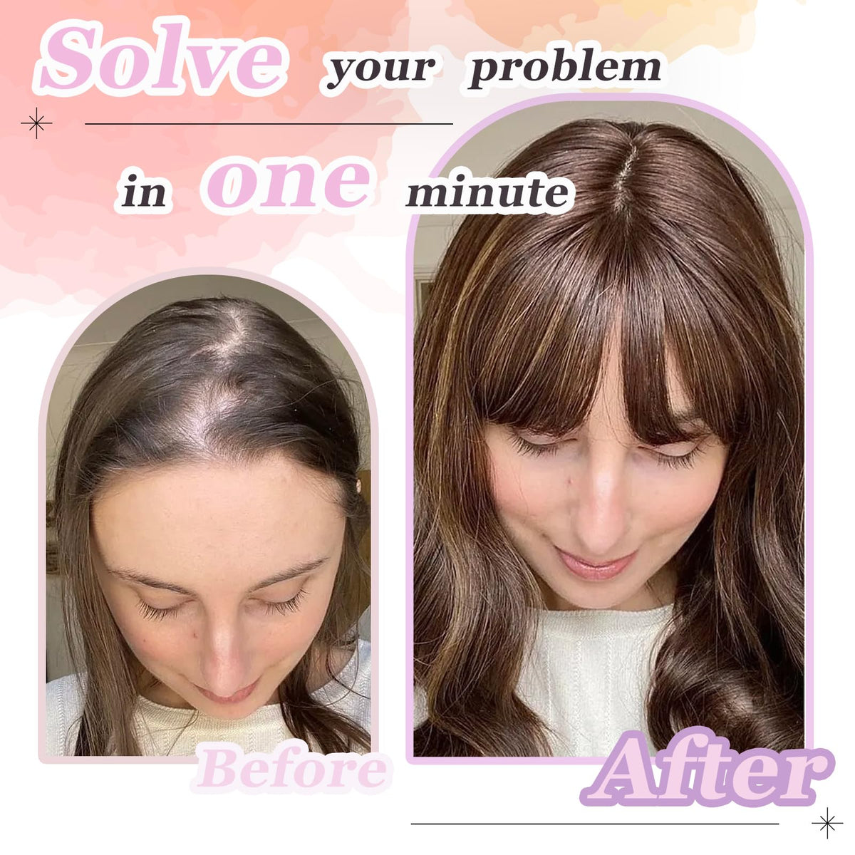 OOPPOO hair topper French part bangs demonstrates seamless fringe and frame for face