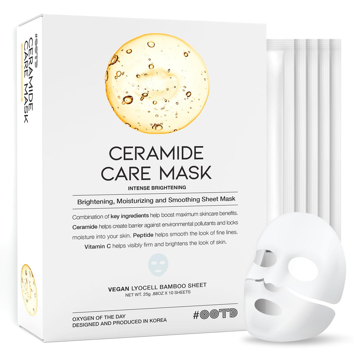 OOTD ceramide brightening sheet mask on face, supports moisture and radiant tone.