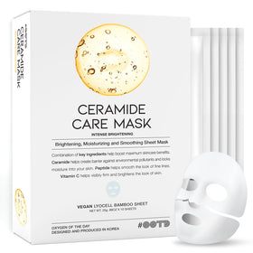 OOTD ceramide brightening sheet mask on face, supports moisture and radiant tone.
