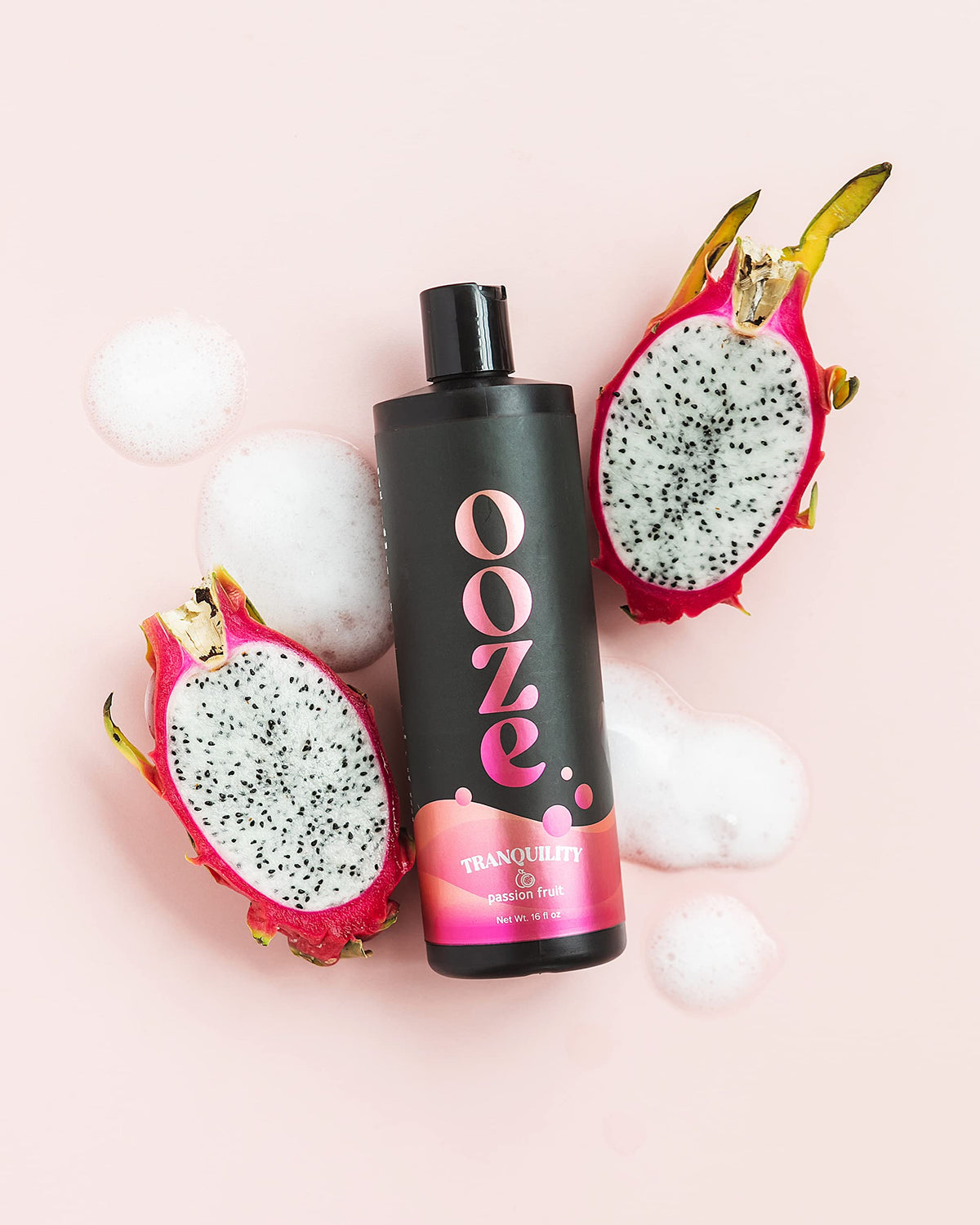 OOZE Passion Fruit Bubble Bath bottle closeup showing vegan, paraben-free formula for gentle cleansing
