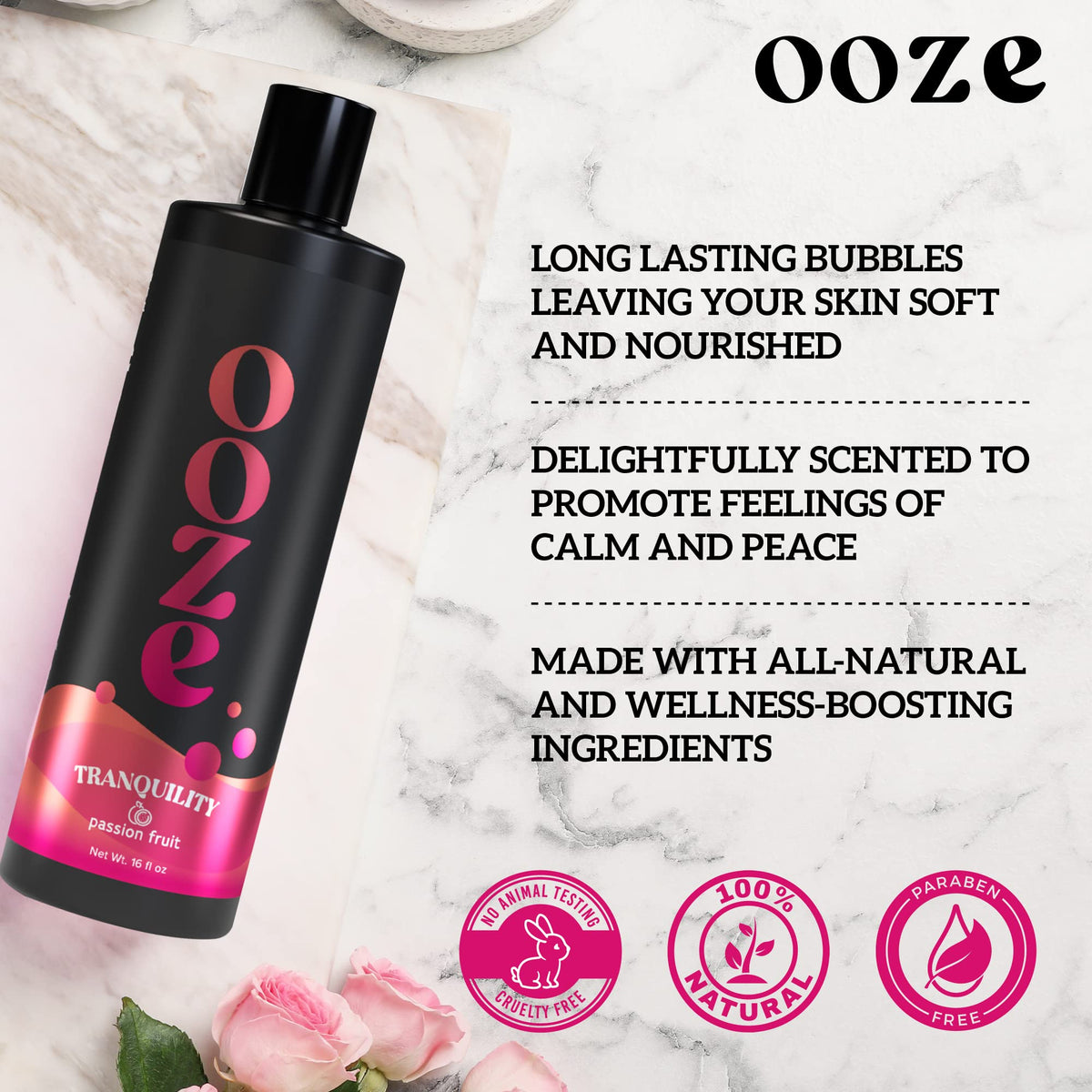 OOZE Passion Fruit Bubble Bath ingredients label highlighting essential oils and vitamin E