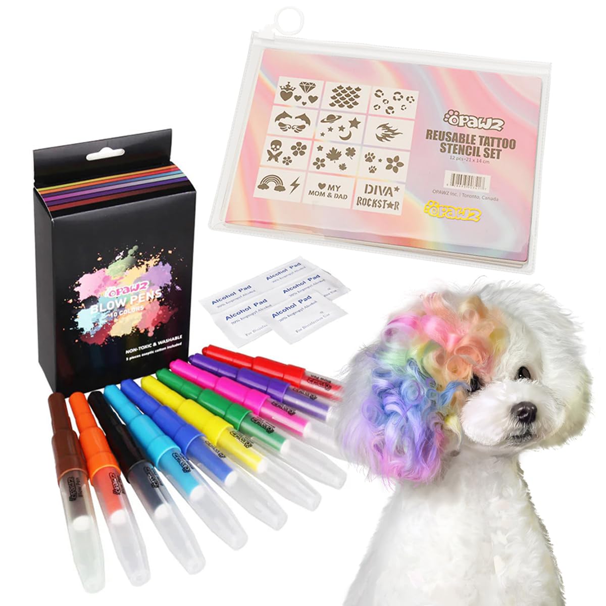 OPAWZ Blow Pen ten-color spray on fur for quick, playful grooming ideas
