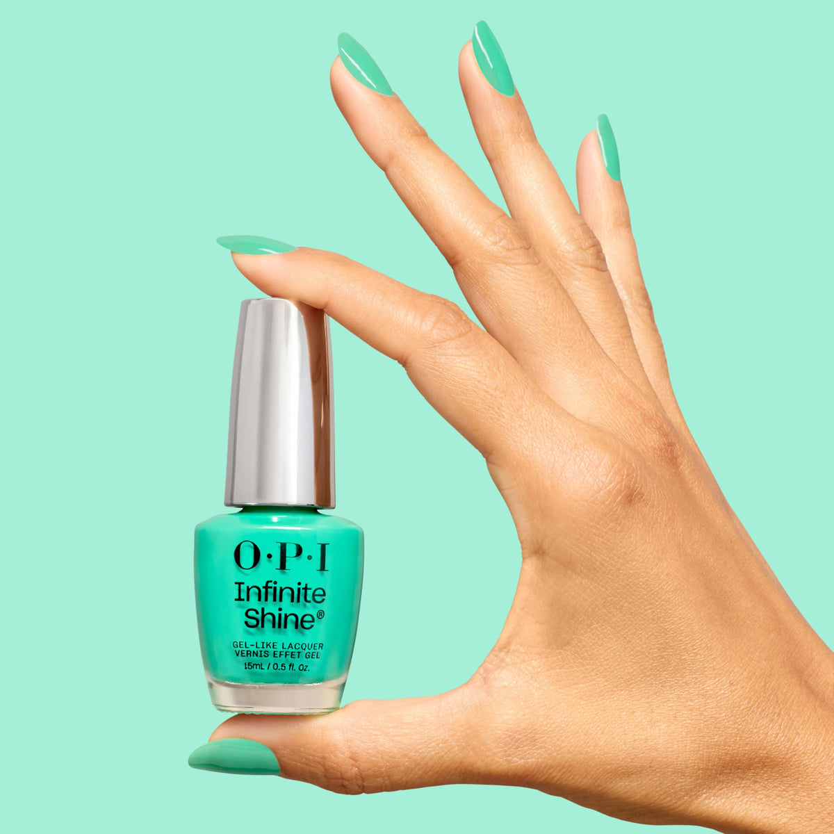 OPI Follow the Ice Green Truck nail application shot emphasizing vibrant teal and steady coverage.