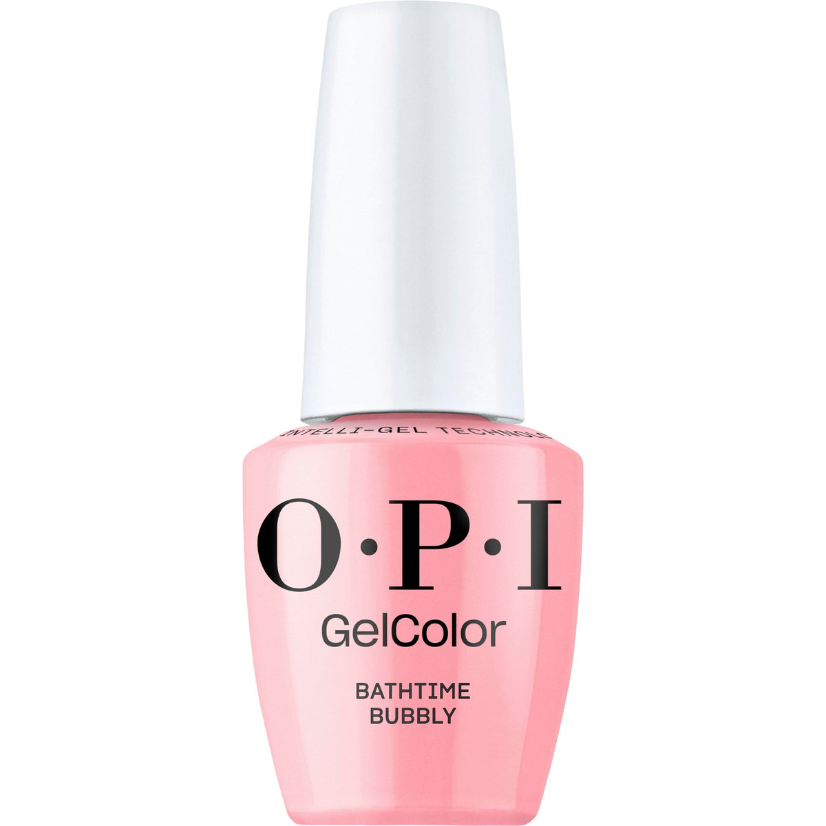 OPI GelColor Bathtime Bubbly bottle shows opaque pink hue for lasting wear.