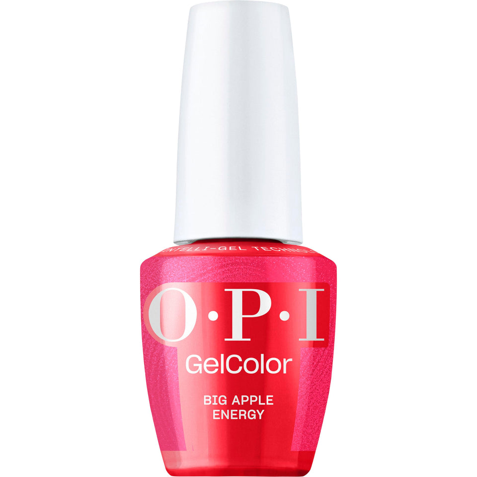 OPI GelColor Big Apple Energy bottle with shimmering red gloss for salon-grade shine.