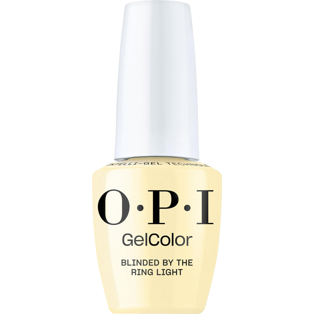 OPI GelColor Blinded by the Ring Light bottle shows opaque pastel yellow for long-lasting salon shine