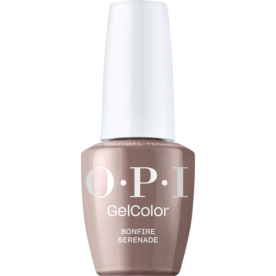 OPI GelColor Bonfire Serenade bottle shows rich dark brown crème finish with long-lasting shine.