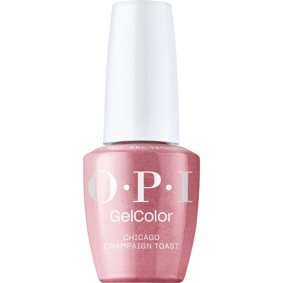 OPI GelColor Chicago Champagne Toast bottle close-up showing pink pearl shimmer.
