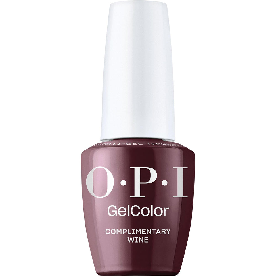 OPI GelColor Complimentary Wine bottle shows rich burgundy shade for salon color