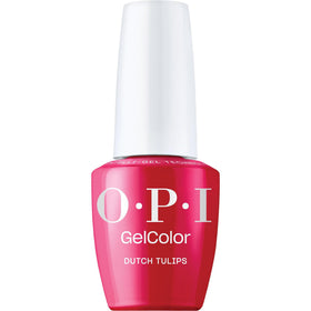 OPI GelColor Dutch Tulips bottle close-up showing vivid pink-red creme for salon-quality shine.