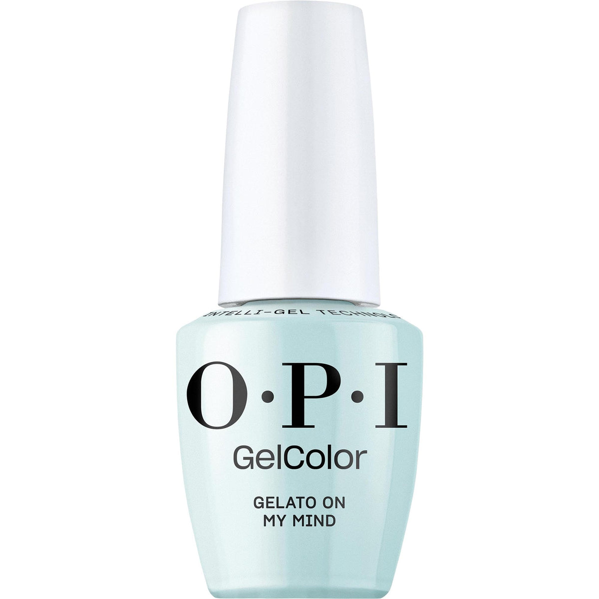 OPI GelColor Gelato on My Mind bottle close-up, showcasing vibrant pastel blue for long-lasting nails.