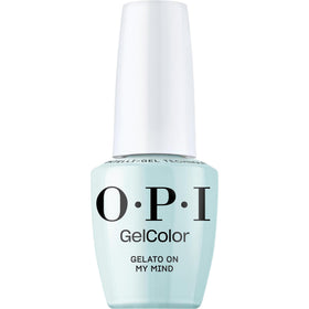 OPI GelColor Gelato on My Mind bottle close-up, showcasing vibrant pastel blue for long-lasting nails.