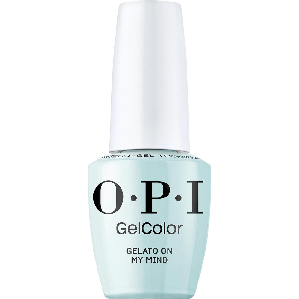 OPI GelColor Gelato on My Mind bottle close-up, showcasing vibrant pastel blue for long-lasting nails.