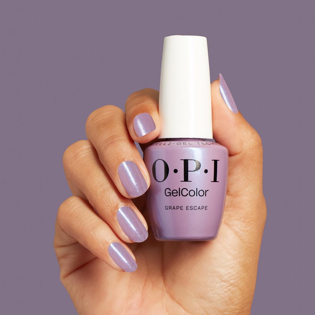OPI GelColor Grape Escape LED-cure scene shows quick 30-second cure under lamp.