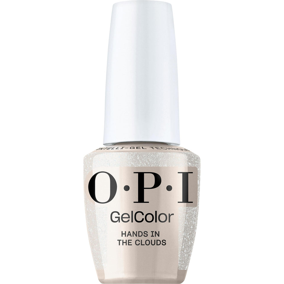 OPI GelColor Hands In The Clouds bottle shows semi-sheer pastel white shimmer for smooth, long-lasting wear