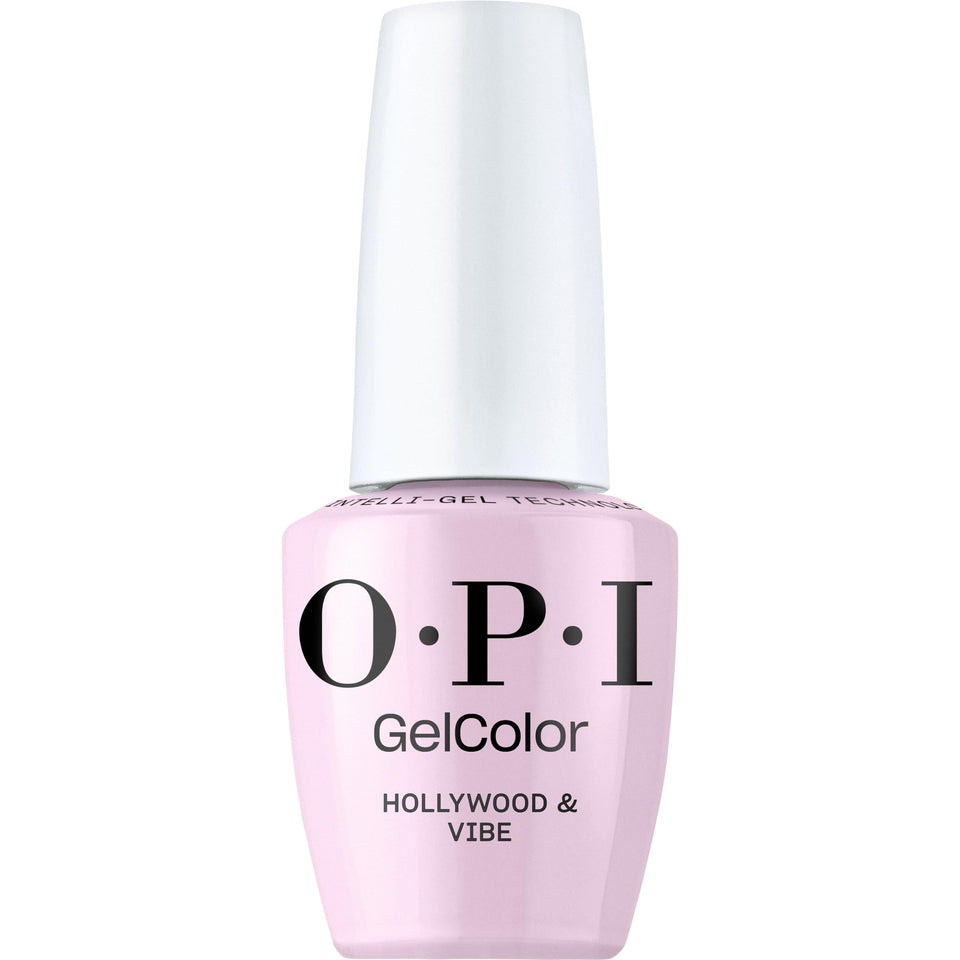 OPI GelColor Hollywood and Vibe bottle shows a creamy pink finish for salon-grade nails.
