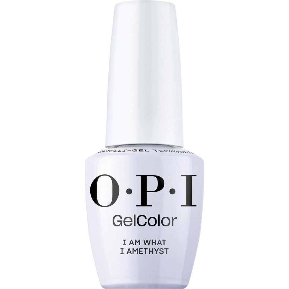 OPI GelColor I Am What I Amethyst bottle shows rich lilac color with salon-grade shine.