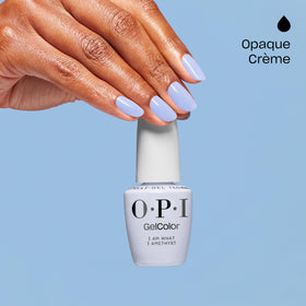 OPI GelColor I Am What I Amethyst LED lamp curing scene emphasizes rapid 30-second cure.
