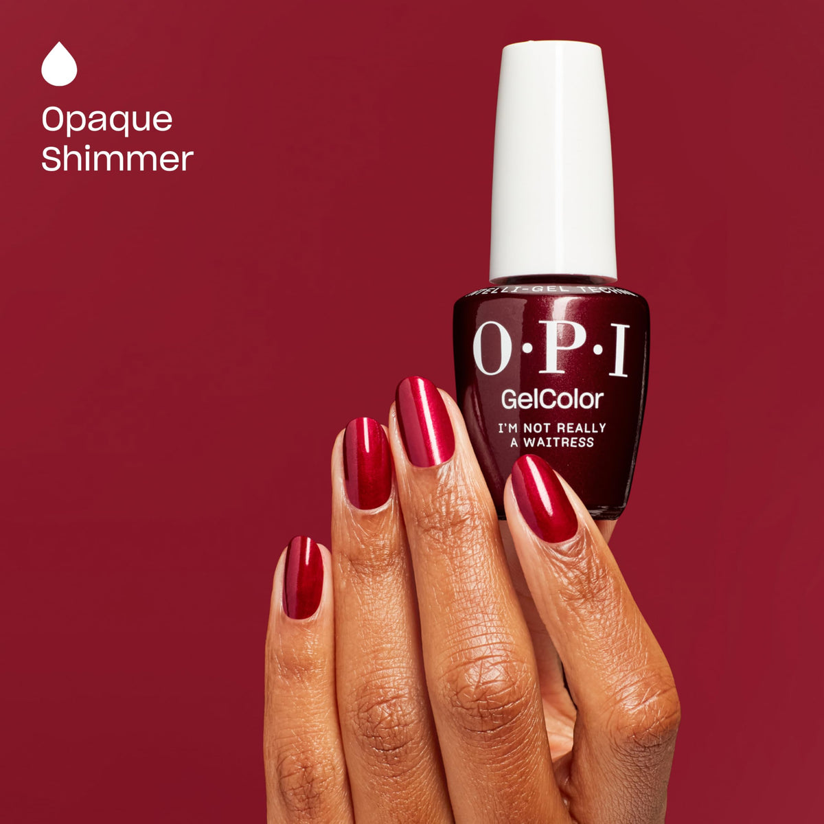 Close-up of OPI GelColor I'm Not Really a Waitress shimmer detail in rich red
