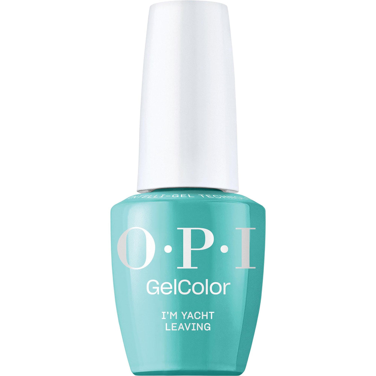 OPI GelColor I'm Yacht Leaving bottle with turquoise crème for salon-grade shine.