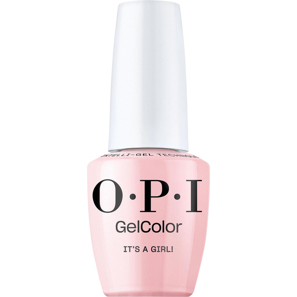 OPI GelColor It's a Girl! bottle showing soft pink finish for salon-grade shine.