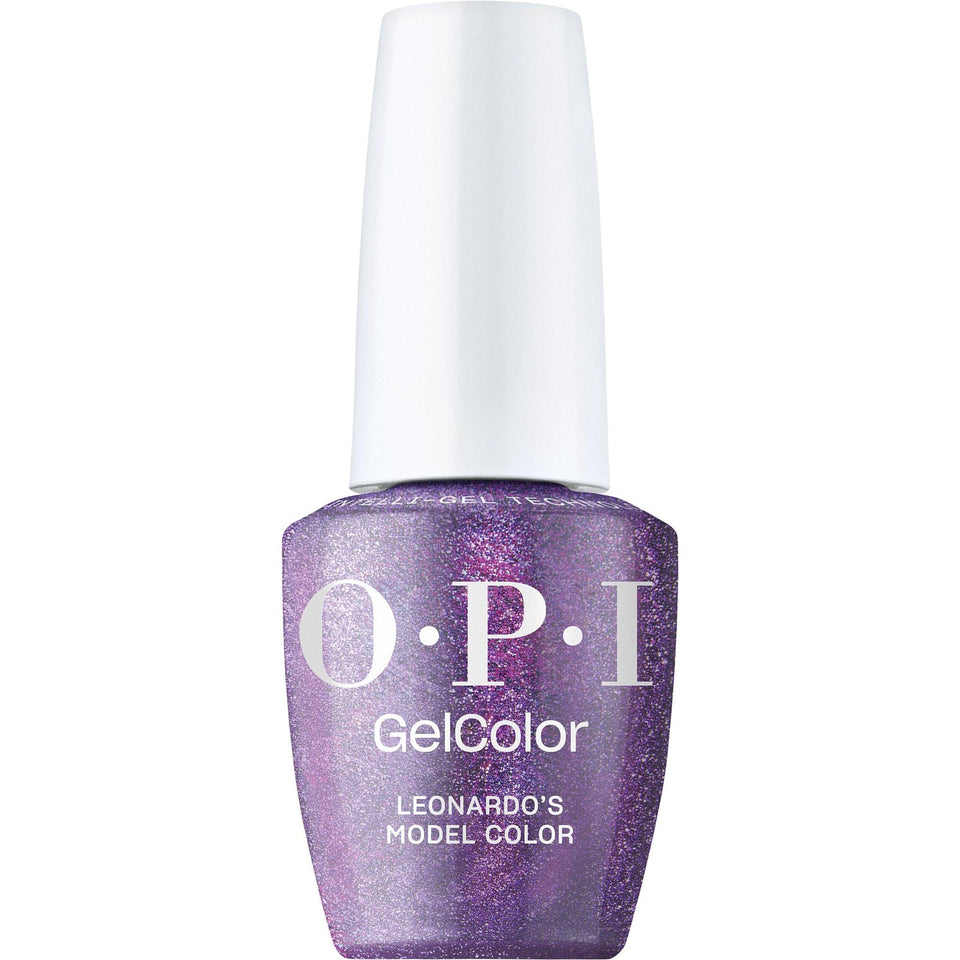 OPI GelColor Leonardo's Model bottle close-up shows rich purple shimmer for salon-ready nails.