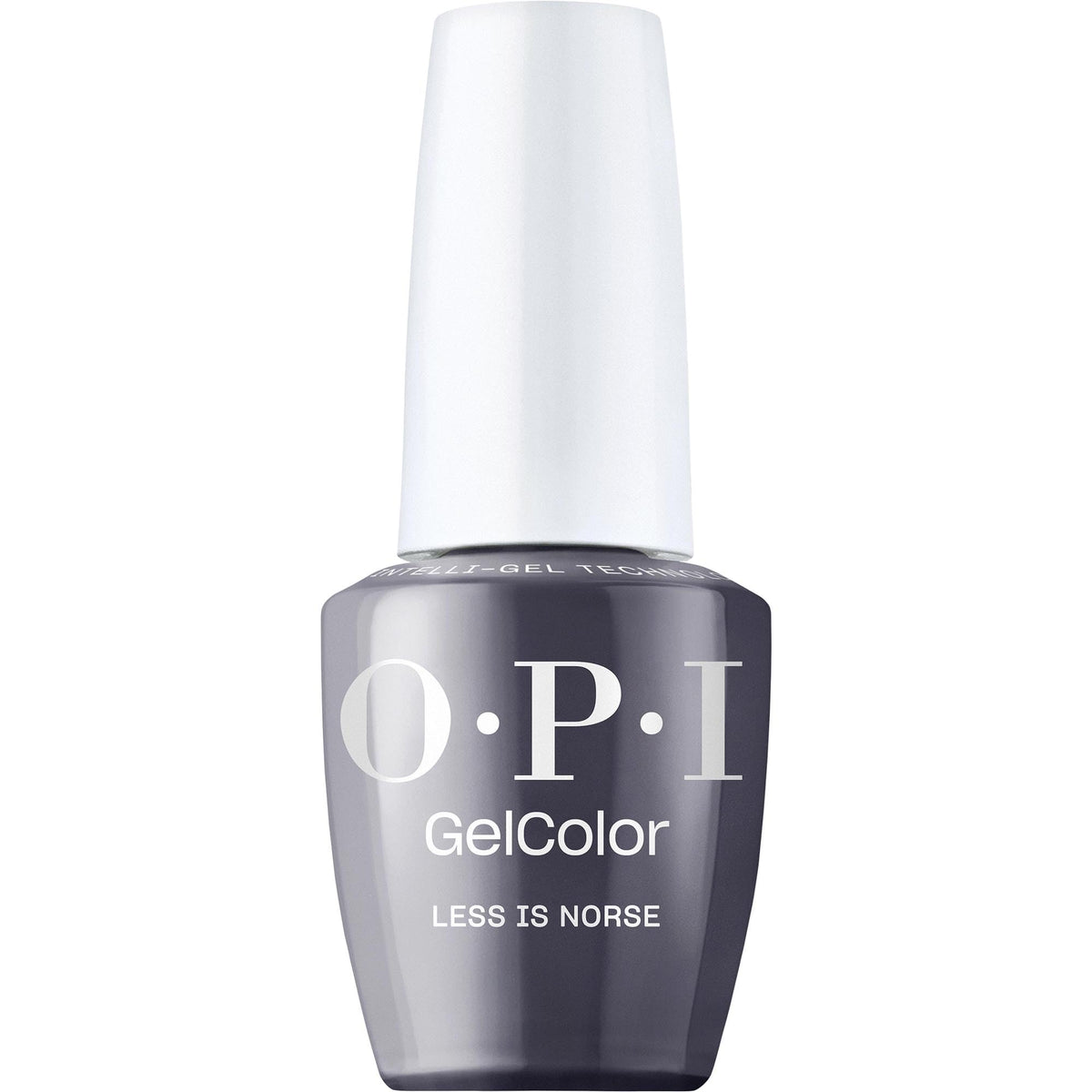 OPI GelColor Less is Norse bottle shows dark cool gray blue shade for salon-grade shine