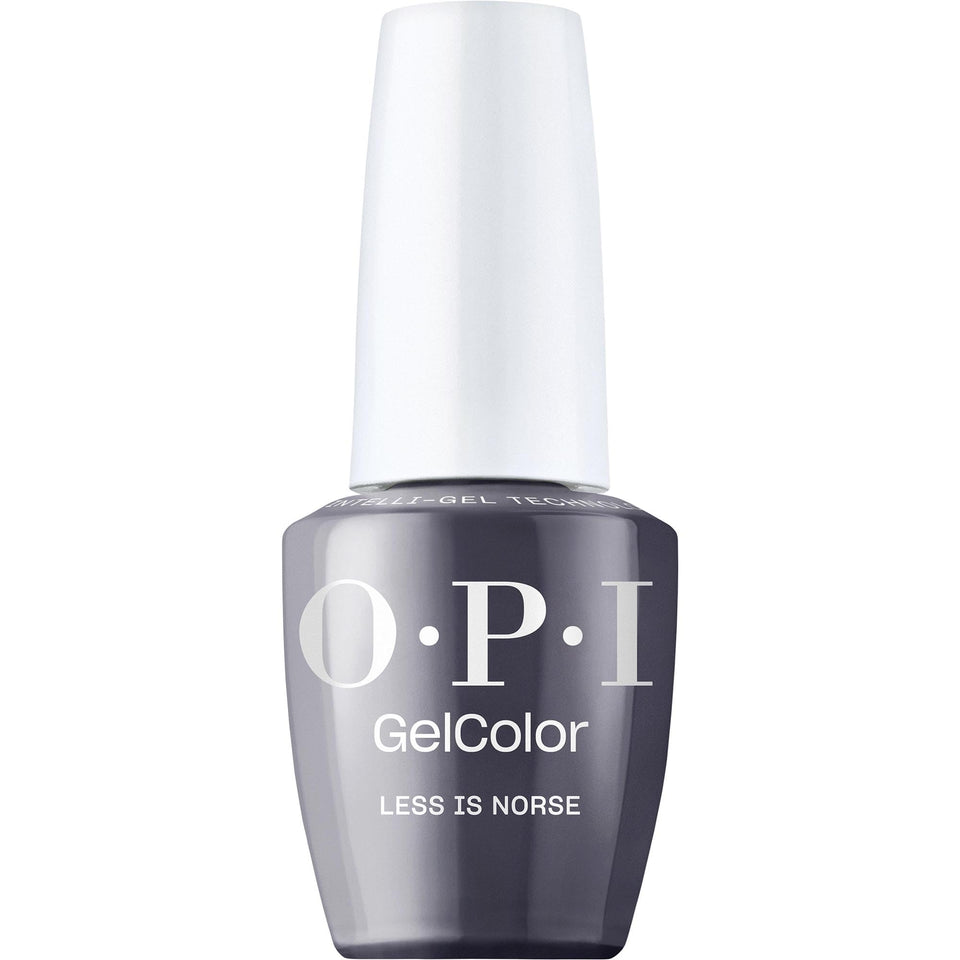 OPI GelColor Less is Norse bottle shows dark cool gray blue shade for salon-grade shine