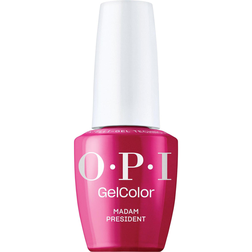 OPI GelColor Madam President bottle front with deep red crème finish.