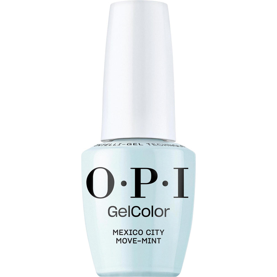 OPI GelColor Mexico City Move-mint bottle displays a vivid blue-green crème shade for salon-grade nails.