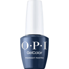 OPI GelColor Midnight Mantra bottle close-up shows a rich navy creme finish for salon-quality nails.