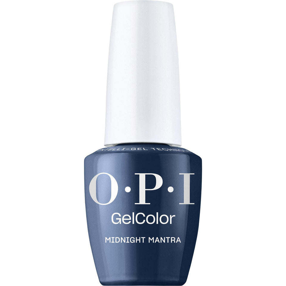 OPI GelColor Midnight Mantra bottle close-up shows a rich navy creme finish for salon-quality nails.