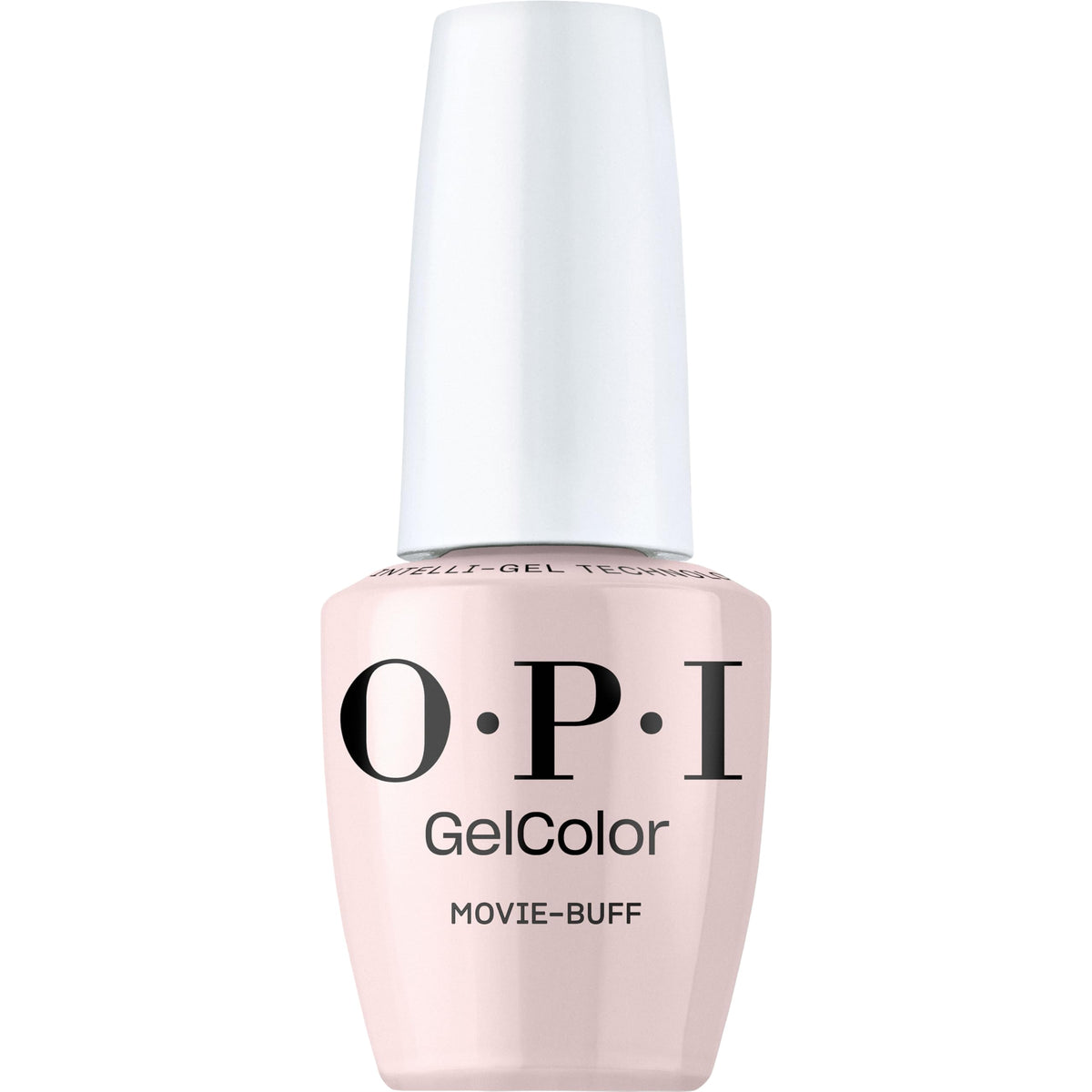 OPI GelColor Movie Buff bottle close-up with a glossy pink creme finish.