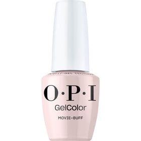 OPI GelColor Movie Buff bottle close-up with a glossy pink creme finish.
