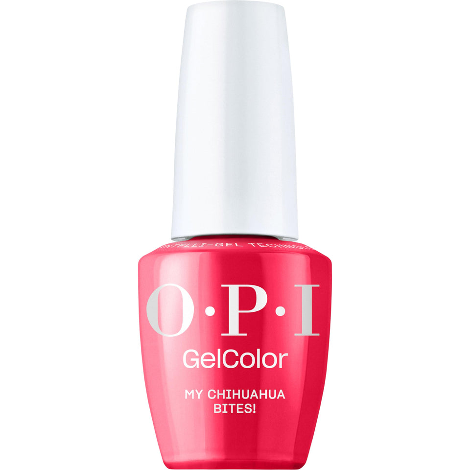 OPI GelColor My Chihuahua Bites bottle showing a glossy warm red crème finish.
