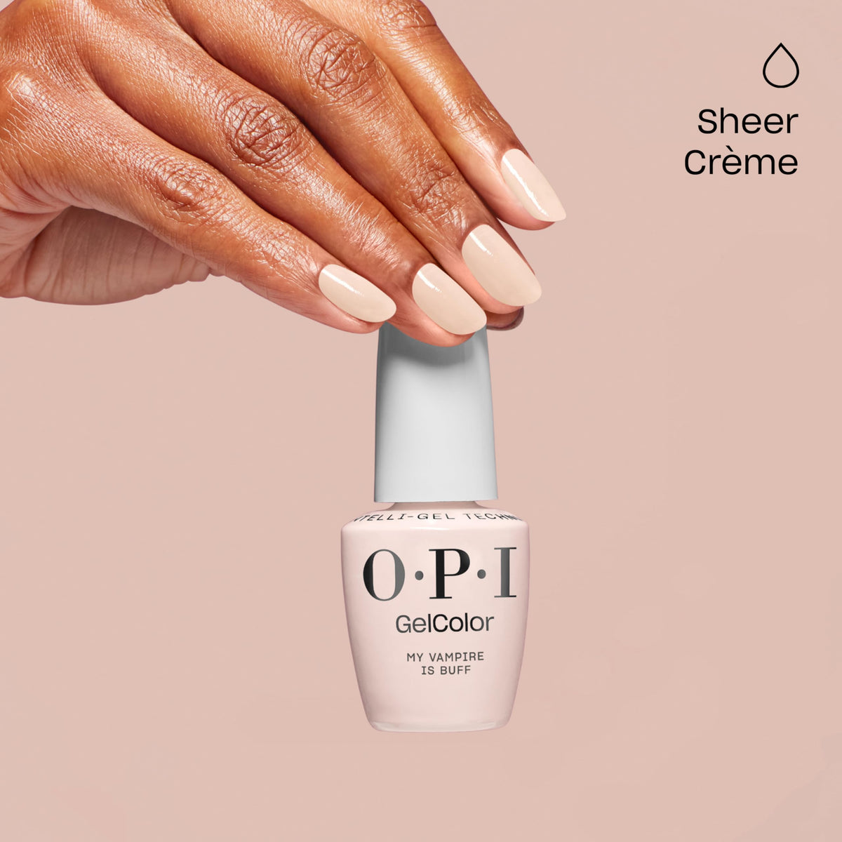 OPI GelColor My Vampire is Buff warm nude on nail tip.