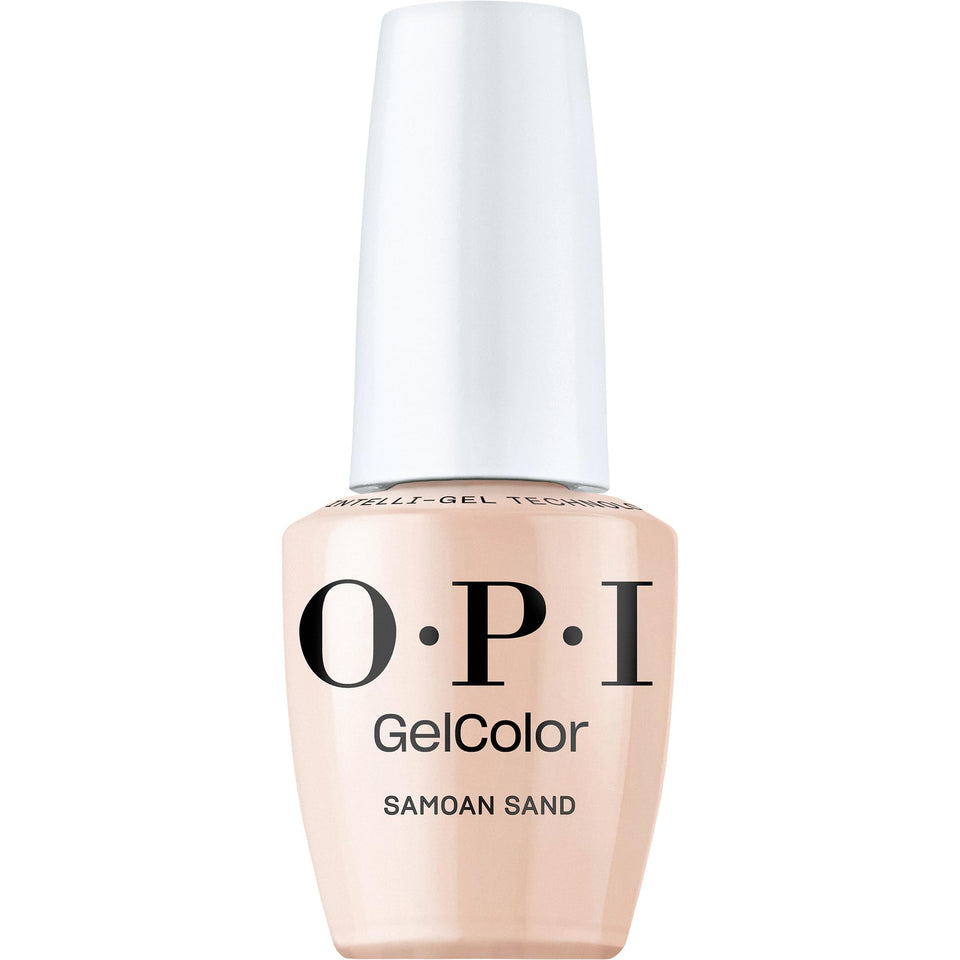 OPI GelColor Samoan Sand bottle close-up showing creamy beige-pink shade for nails.