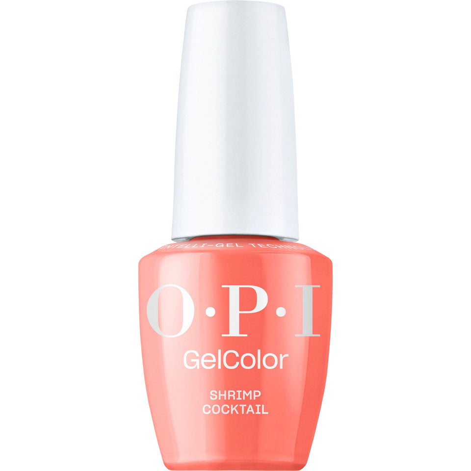 OPI GelColor Shrimp Cocktail bottle showing warm orange crème finish for vibrant nails