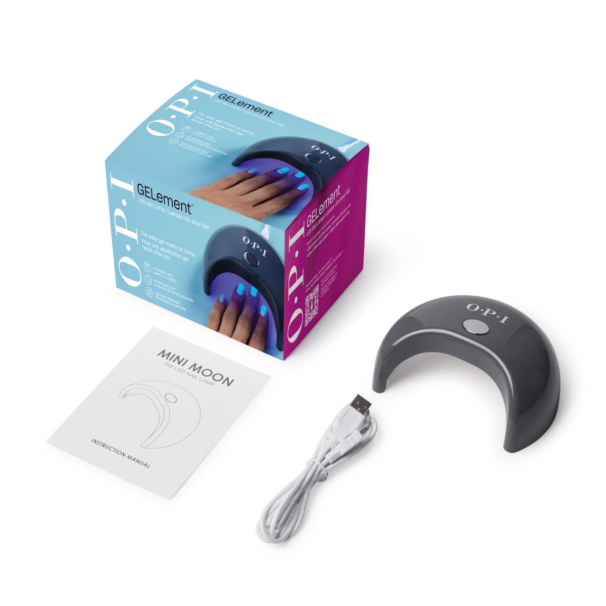OPI GELement LED lamp side view shows compact footprint for home use.