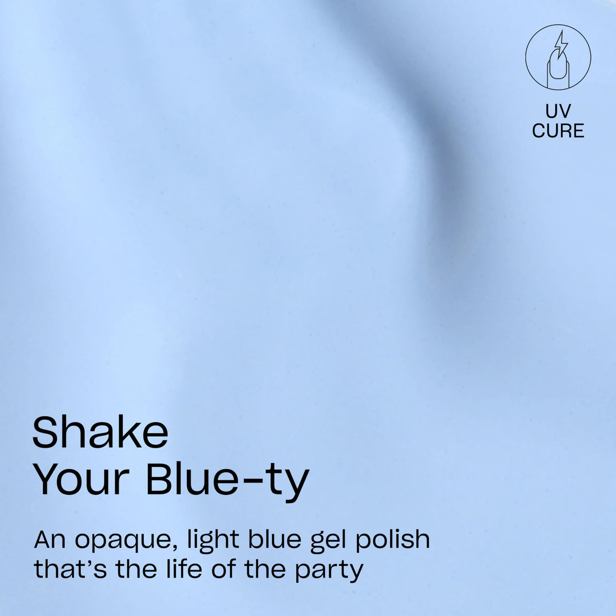 OPI GELement Shake Your Blue-ty swatch on nail showing opaque light blue creme