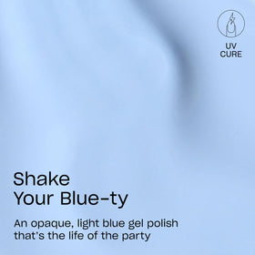 OPI GELement Shake Your Blue-ty swatch on nail showing opaque light blue creme