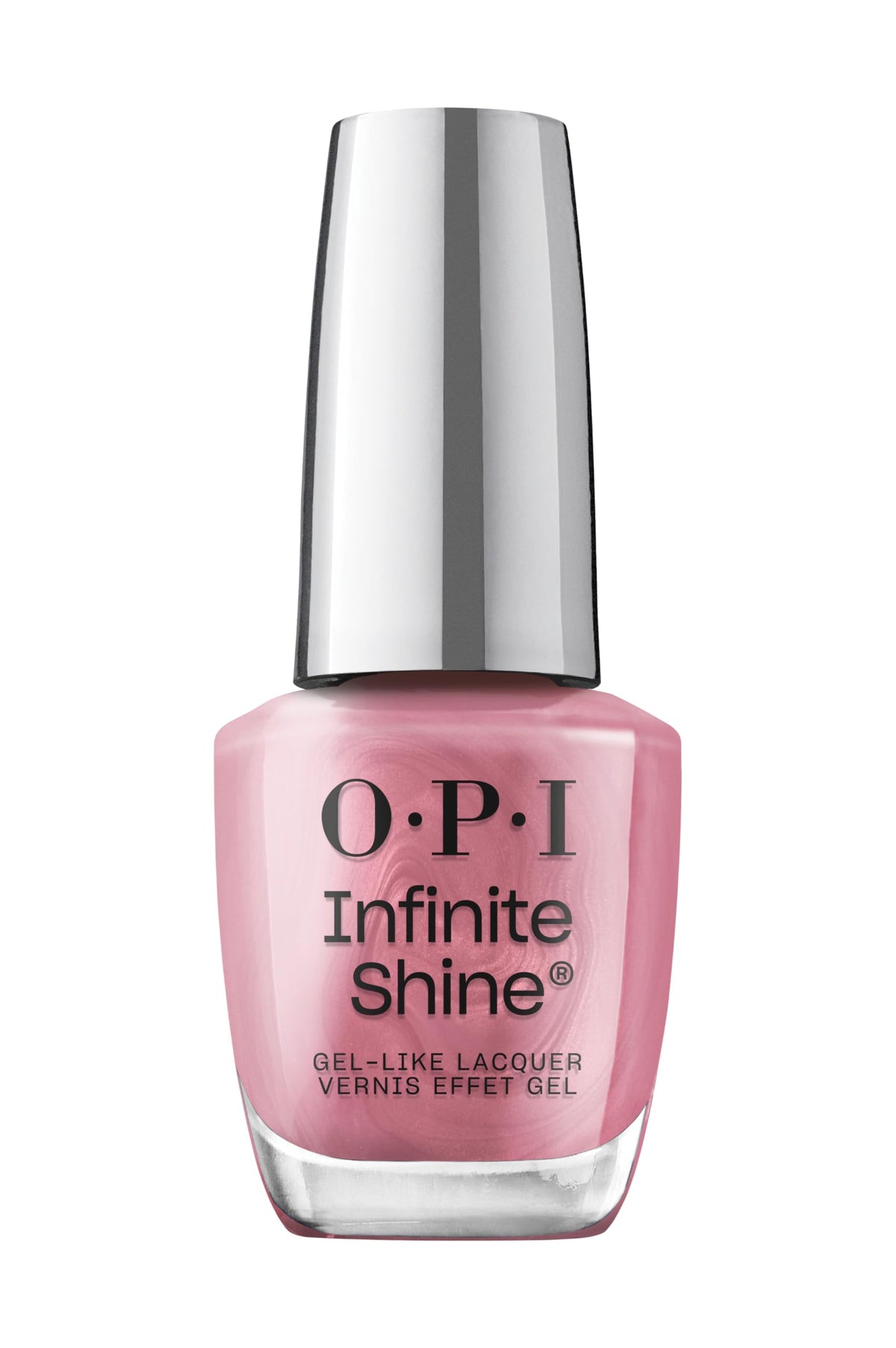 OPI Infinite Shine Aphrodite's Pink Nightie bottle with sheer pink shimmer for glossy wear.
