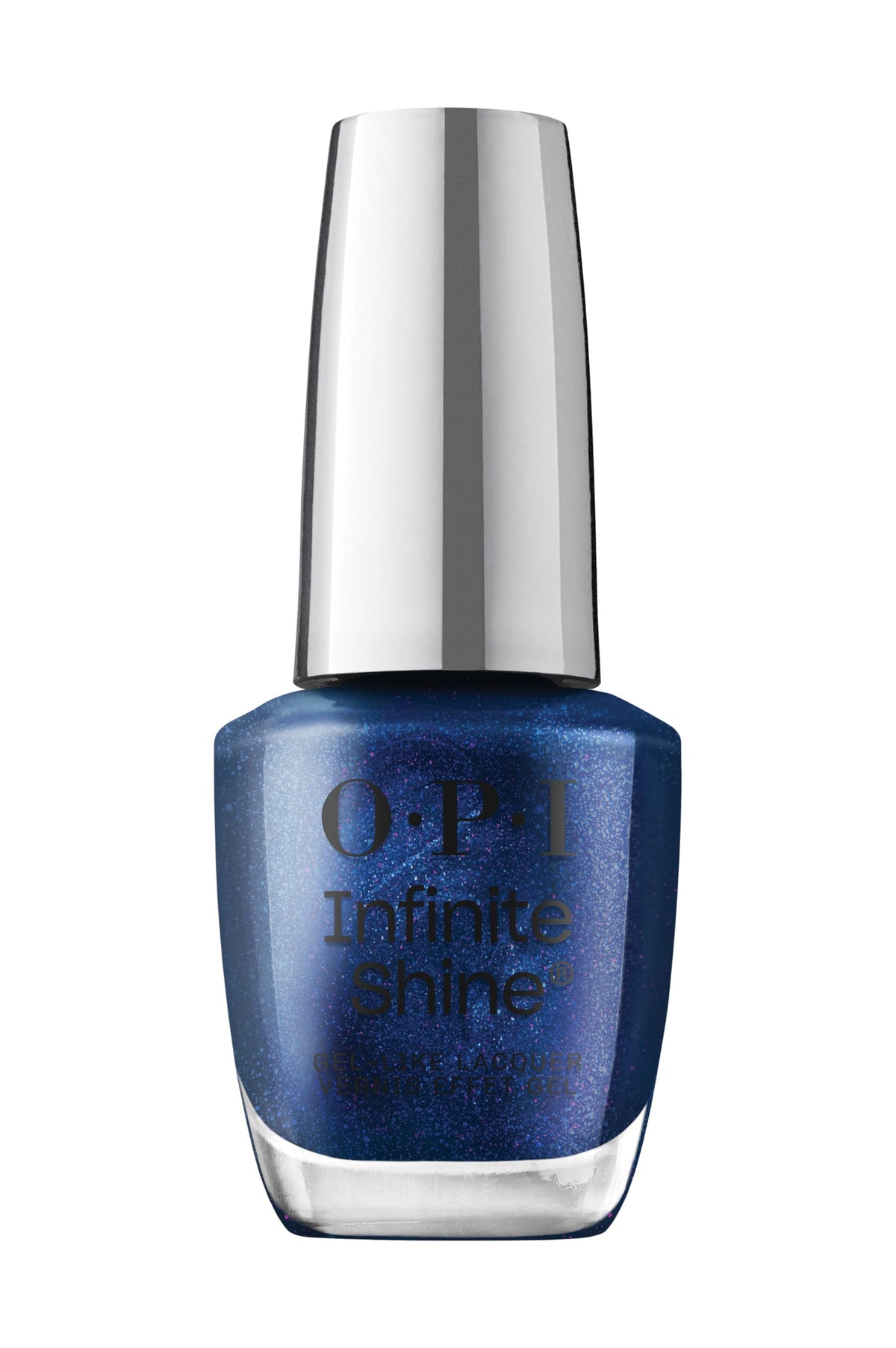 OPI Infinite Shine Awe Night Long bottle with a navy shimmer finish