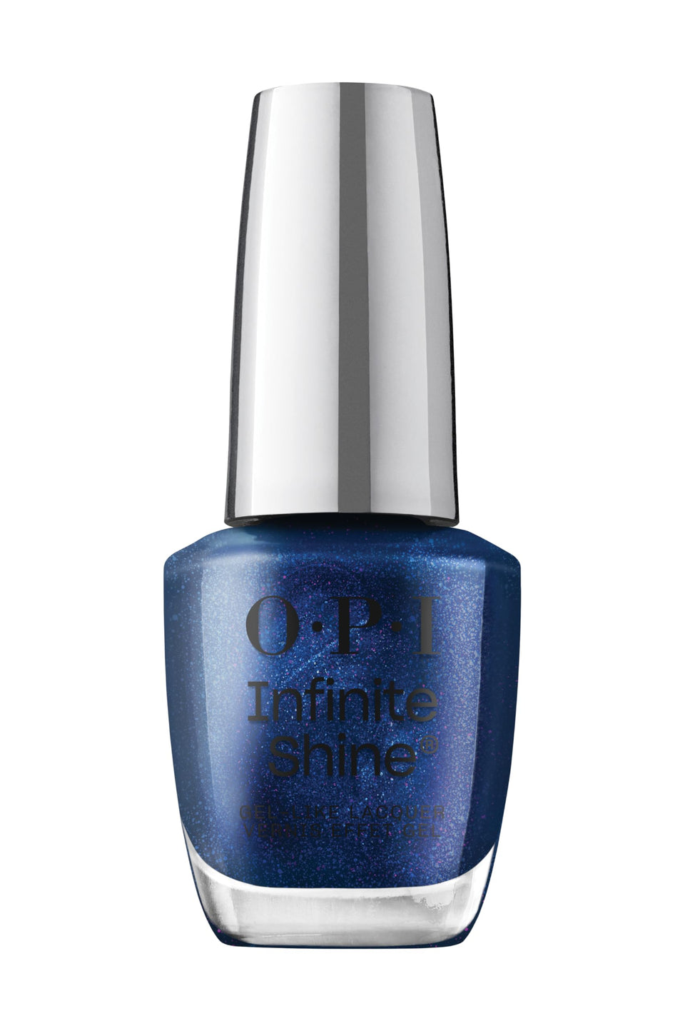 OPI Infinite Shine Awe Night Long bottle with a navy shimmer finish