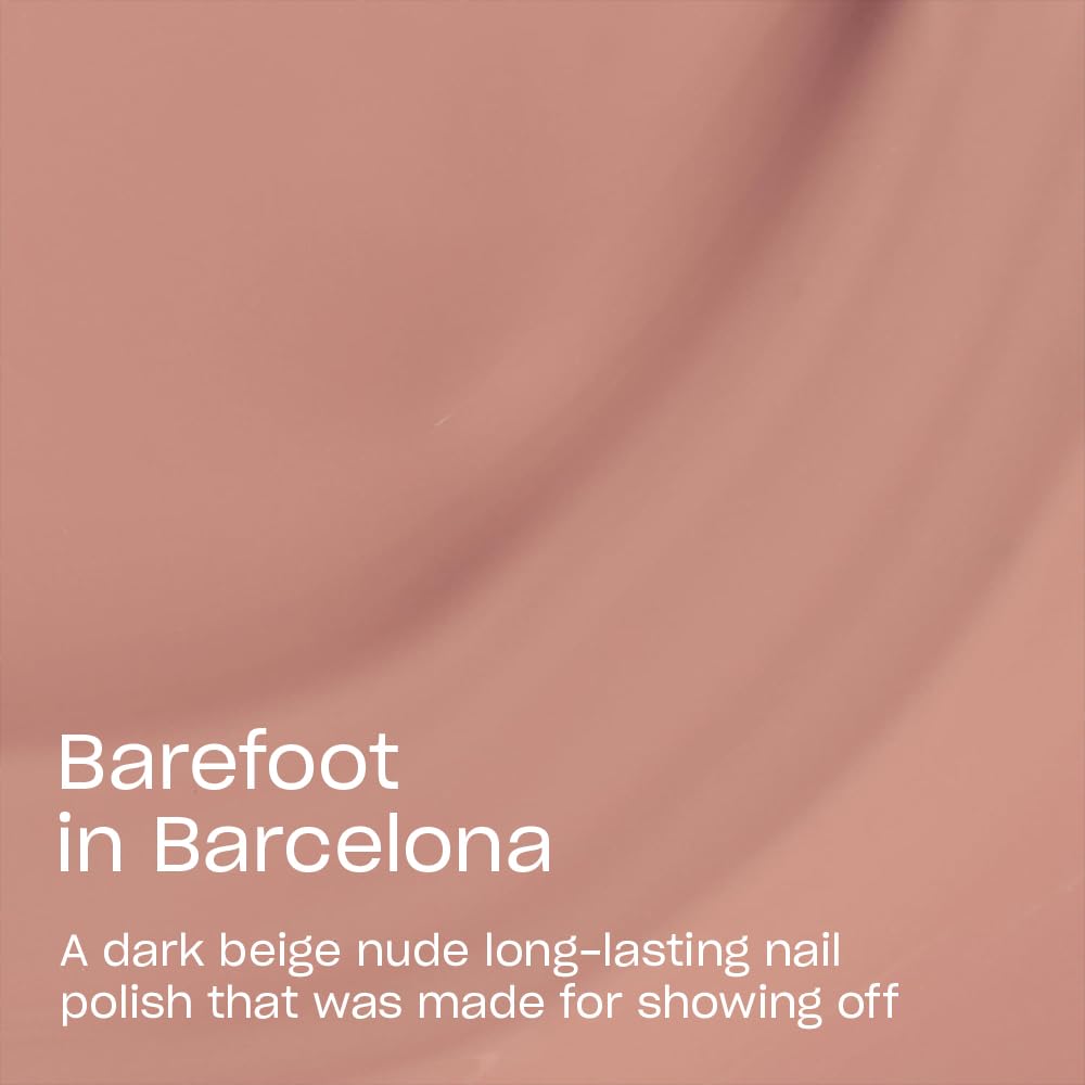 OPI Infinite Shine Barefoot in Barcelona color close-up reveals rich dark beige nude.