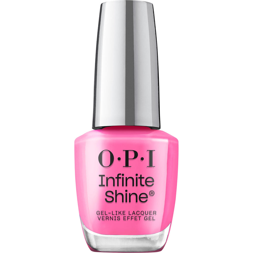 OPI Infinite Shine Beat Goes Neon bottle shows neon pink color with long-lasting shine.