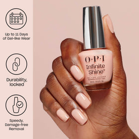 OPI Infinite Shine Beat Goes Neon nails close-up highlights glossy neon pink finish.