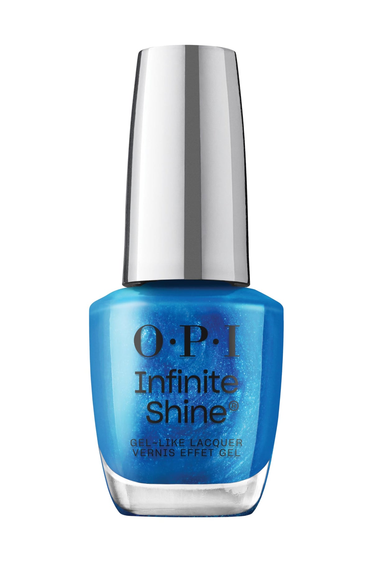 OPI Infinite Shine Do You Sea What I Sea bottle glistening with ocean-blue shimmer for long-lasting gloss.